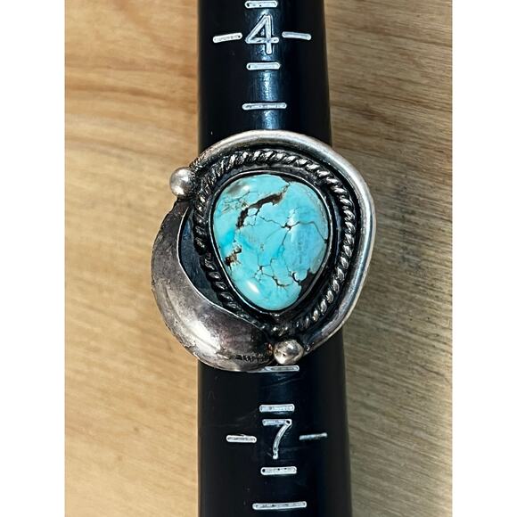 Vintage Blue Turquoise Leaf Ring, Sterling Silver Native American Ring Sz 5.5 - Picture 8 of 10